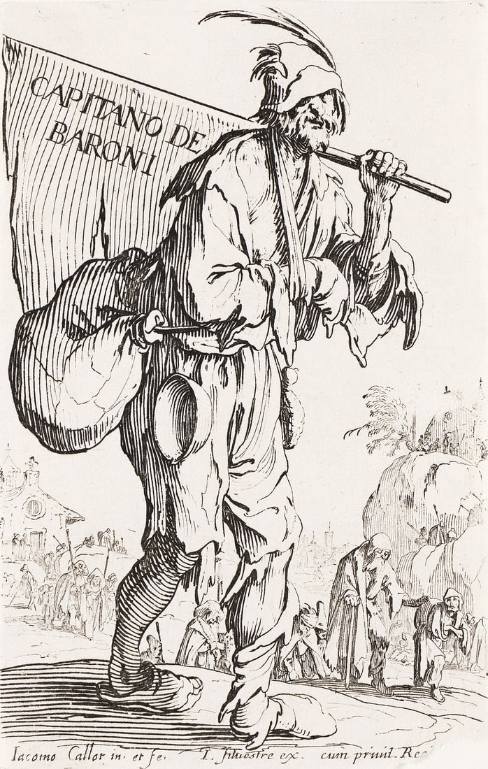 JACQUES CALLOT Les Gueux.: JACQUES CALLOT Les Gueux. Complete set of 25 etchings, 1622. Each approximately 137x91 mm; 5½x3⅝ inches. Each the second state (of 2), with the numbers in the plates. Trimmed on the plate m