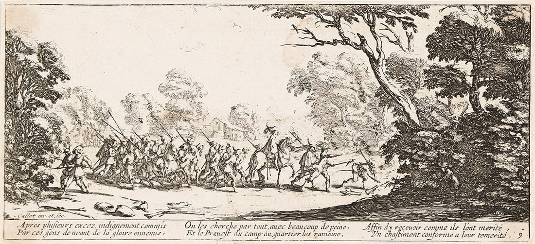 JACQUES CALLOT Les Grandes Misères de la Guerre.: JACQUES CALLOT Les Grandes Misères de la Guerre. Complete set of 18 etchings, 1633. Each approximately 85x185 mm; 3¼x7¼ inches, thread margins. Third state (of 3). Lieure 1339-1356.
