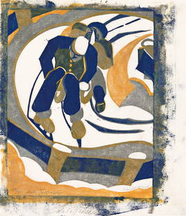 LILL TSCHUDI Sledging.: LILL TSCHUDI Sledging. Color linoleum cut on Japan paper, 1931. 250x194 mm; 9⅞x7¾ inches, wide margins. Signed, titled, numbered 19/50 and inscribed "Handdruck" in pencil, lower margin. Cop