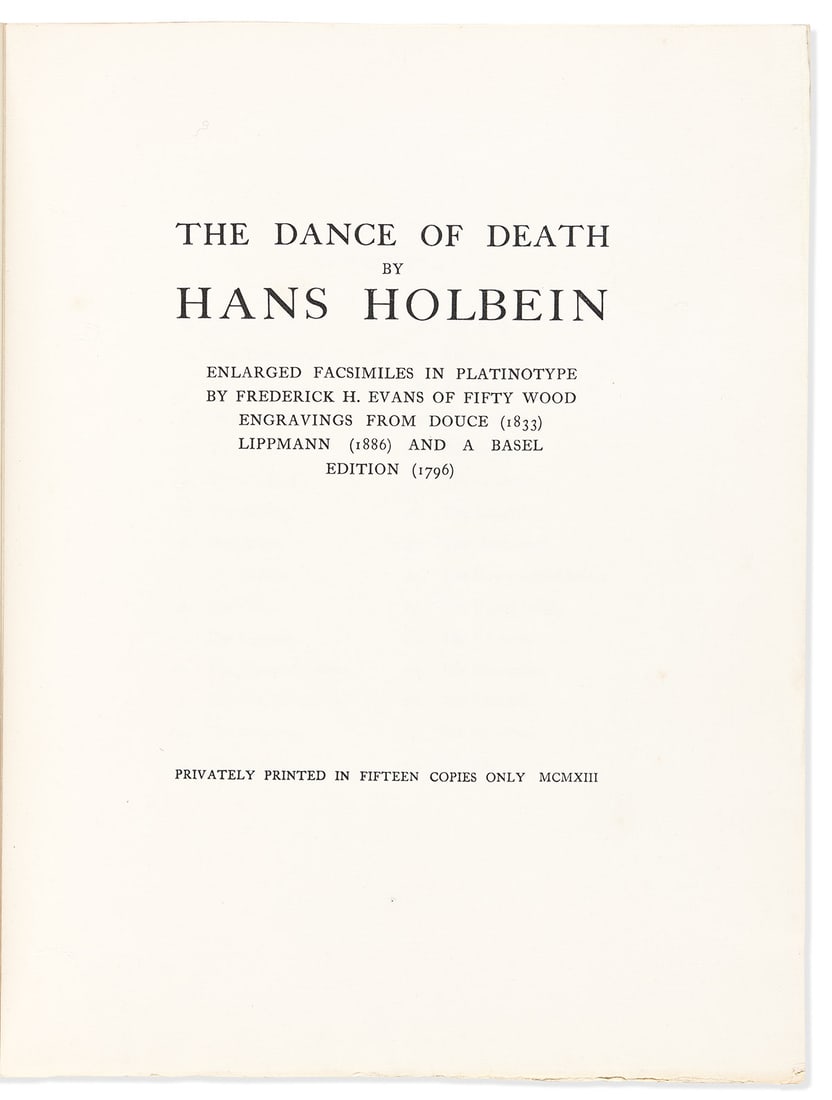 Holbein, Hans the Younger (c. 1497-1543) The Dance of Death. Enlarged Facsimiles in Platinotype by: Holbein, Hans the Younger (c. 1497-1543) The Dance of Death. Enlarged Facsimiles in Platinotype by Frederick H. Evans of Fifty Wood Engravings from Douce (1833), Lippmann (1886) and a Basel Edition (1