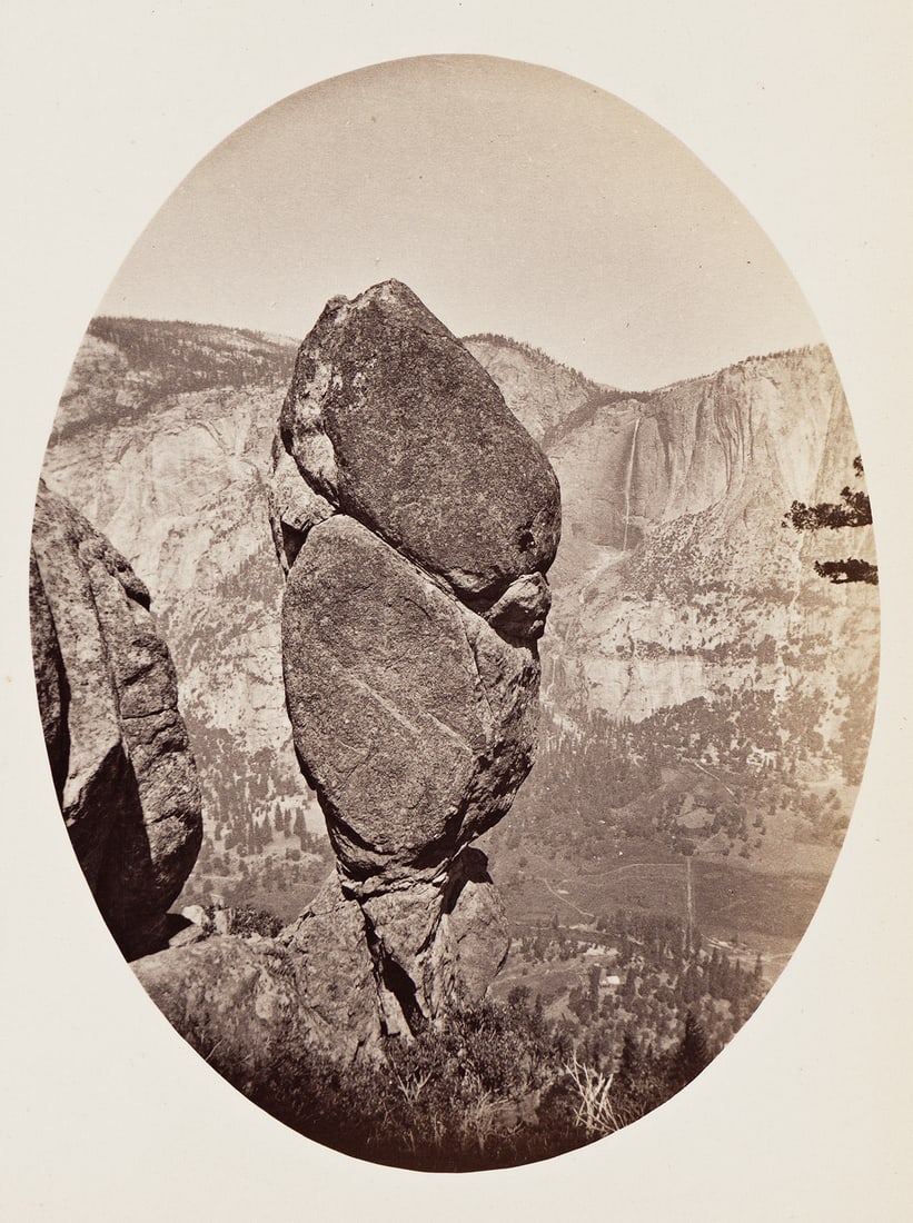 CARLETON E. WATKINS (1829-1916) A grid of four oval albumen prints, including the iconic Agassiz: CARLETON E. WATKINS (1829-1916) A grid of four oval albumen prints, including the iconic Agassiz Column from Union Point, Yosemite. 1878-81. Albumen prints, the images each measuring 4⅞x3⅝