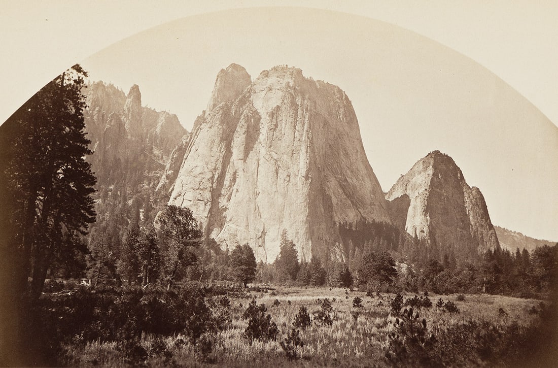 CARLETON E. WATKINS (1829-1916) Four dome-topped views of Yosemite (2) and Calaveras Big Trees (2),: CARLETON E. WATKINS (1829-1916) Four dome-topped views of Yosemite (2) and Calaveras Big Trees (2), California. 1878-81. Albumen prints, the images measuring 4⅜x6⅞ inches (11.1x17.5 cm.),