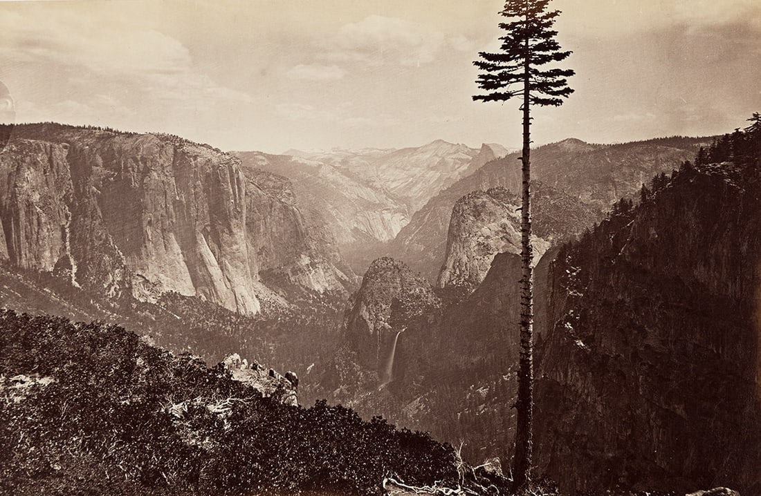 CARLETON E. WATKINS (1829-1916) Yosemite Valley from the Best General View. 1865-66; printed prior: CARLETON E. WATKINS (1829-1916) Yosemite Valley from the Best General View. 1865-66; printed prior to 1876. Albumen print, the image measuring 8x12¼ inches (20.3x31.1 cm.), the mount 12x18½