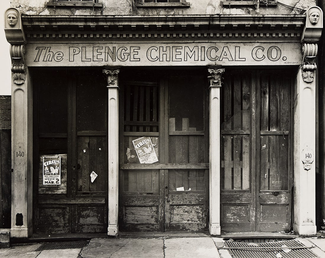 WALKER EVANS (1903-1975) Boarded shopfront of The Plenge Chemical Company, Charleston, South: WALKER EVANS (1903-1975) Boarded shopfront of The Plenge Chemical Company, Charleston, South Carolina. March 1935. Silver print, the image measuring 7⅝x9½ inches (19.4x24.1 cm.), flush moun