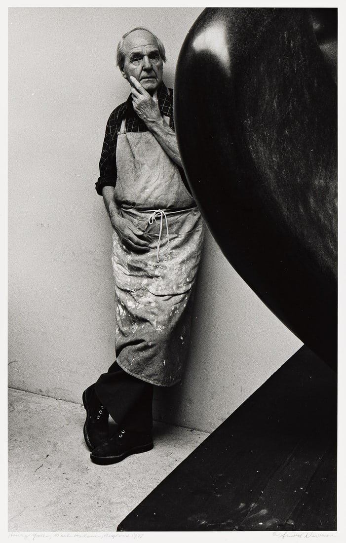 ARNOLD NEWMAN (1918-2006) Henry Moore, Much Hadham, England. 1977; printed 1980s.: ARNOLD NEWMAN (1918-2006) Henry Moore, Much Hadham, England. 1977; printed 1980s. Silver print, the image measuring 13⅛x8¼ inches (33.3x21 cm.), the sheet 14x11 inches (35.6x27.9 cm.), with