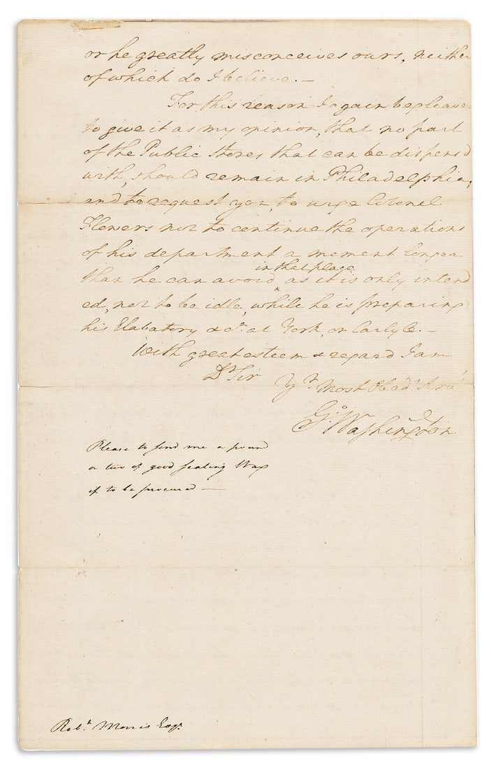 (AMERICAN REVOLUTION.) WASHINGTON, GEORGE. Autograph Letter Signed, "G:Washington," as Commander: PREPARING TO CONFRONT HOWE'S PHIL'A CAMPAIGN: "A STORM WILL BURST SOON" (AMERICAN REVOLUTION.) WASHINGTON, GEORGE. Autograph Letter Signed, "G:Washington," as Commander in Chief, to Robert Morris, tha