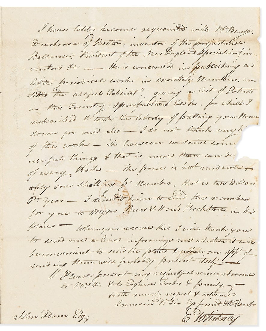 (INVENTORS.) WHITNEY, ELI. Autograph Letter Signed, "E Whitney," to iron maker John Adam, Jr. (1 of 1)