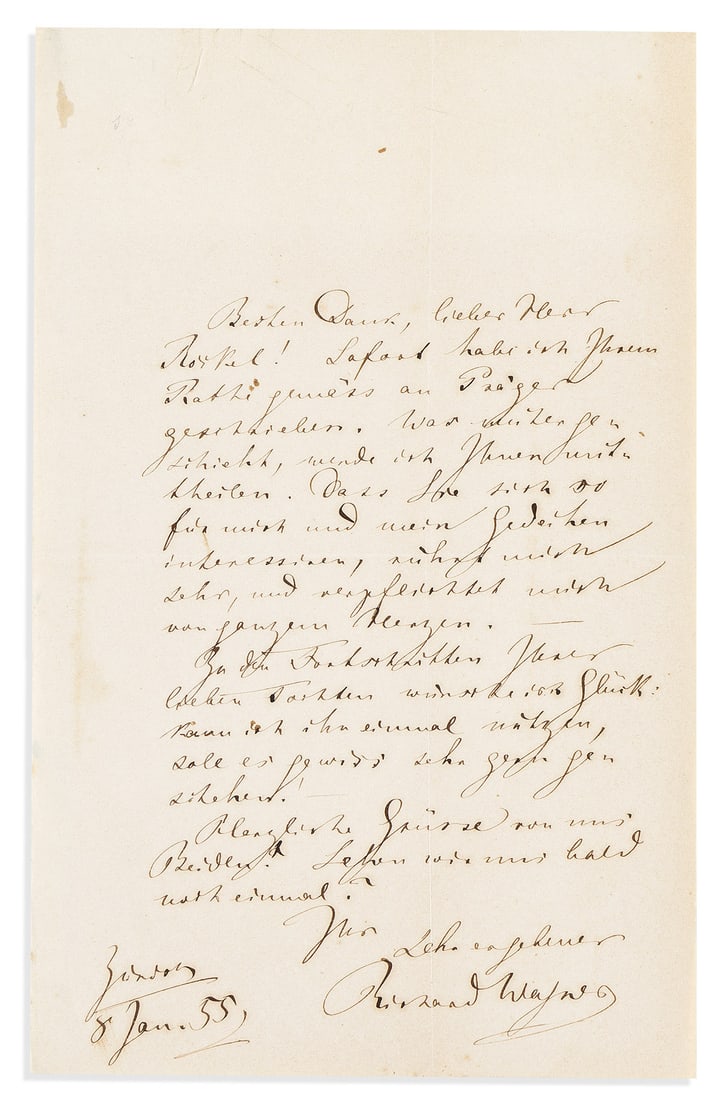 WAGNER, RICHARD. Autograph Letter Signed, to August Röckel, in German (1 of 1)