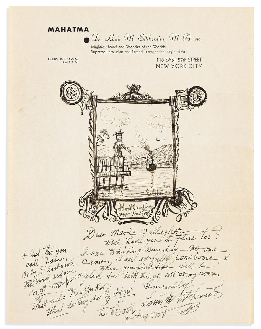 EILSHEMIUS, LOUIS. Autograph Letter Signed, "Louis M. Eilshemius," with ink drawing (1 of 1)