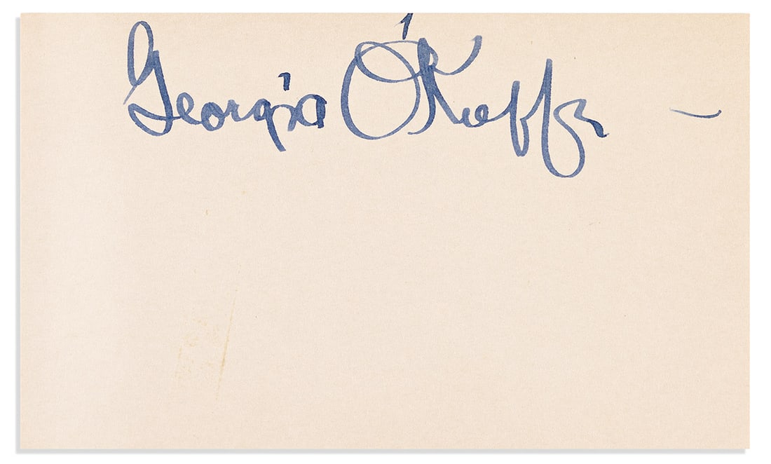 (ARTISTS.) Group of 4 items Signed: Georgia O'Keeffe * Willem de Kooning * Edward Steichen: (ARTISTS.) Group of 4 items Signed: Georgia O'Keeffe * Willem de Kooning * Edward Steichen * Anna Hyatt Huntington. Each 8vo or 3x5 inches; generally good condition. Vp, vd O'Keeffe. Signature on a sm