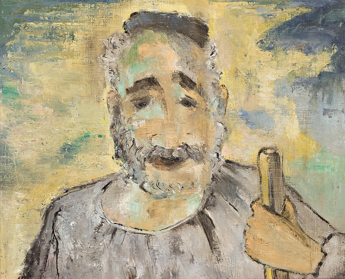 MAX WEBER (1881 - 1961, RUSSIAN/AMERICAN) Portrait of a Man Holding a Staff, Haifa.: MAX WEBER (1881 - 1961, RUSSIAN/AMERICAN) Portrait of a Man Holding a Staff, Haifa. Oil on canvas, 1952. 510x610 mm; 20x24 inches. Signed, Max Weber, inscribed Haifa and dated 52,, on verso. Proven