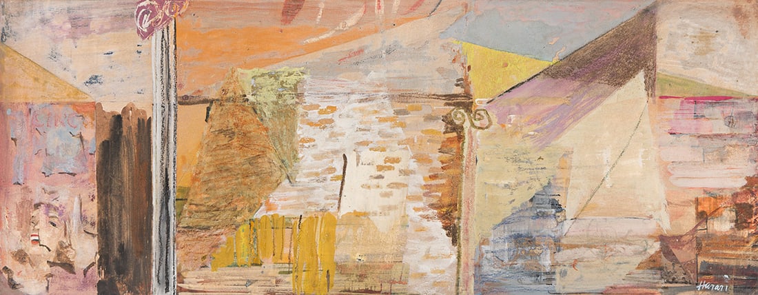 HANANIAH HARARI (1912 - 2000, AMERICAN) Tenement Walls.: HANANIAH HARARI (1912 - 2000, AMERICAN) Tenement Walls. Tempera on card. Signed, Harari, lower right. Inscribed as titled on verso. 185x470 mm; 7¼x18½ inches.