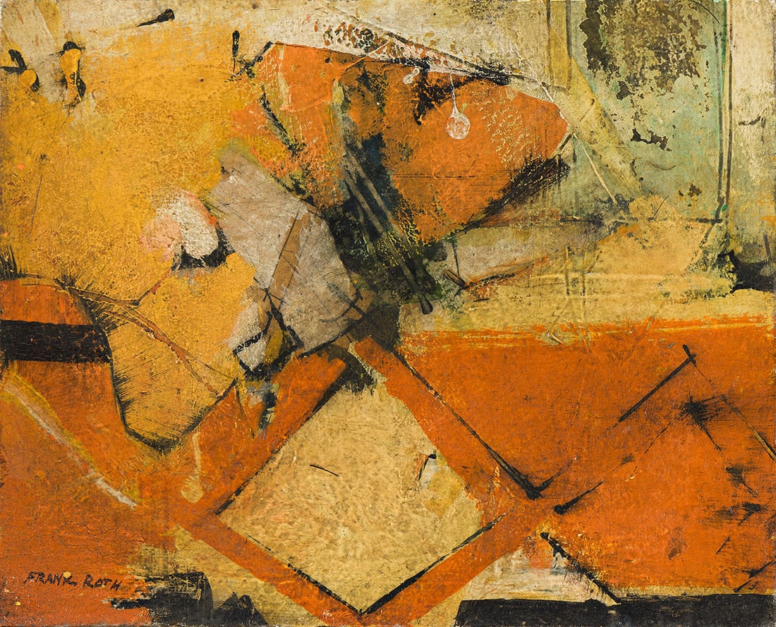 FRANK ROTH (1936 - 2019, AMERICAN) Interior.: FRANK ROTH (1936 - 2019, AMERICAN) Interior. Oil on illustratioin board, 1962. Signed, Frank Roth, lower left. Bears Grace Borgenicht Gallery and The American Art Gallery labels on frame backing. 210x