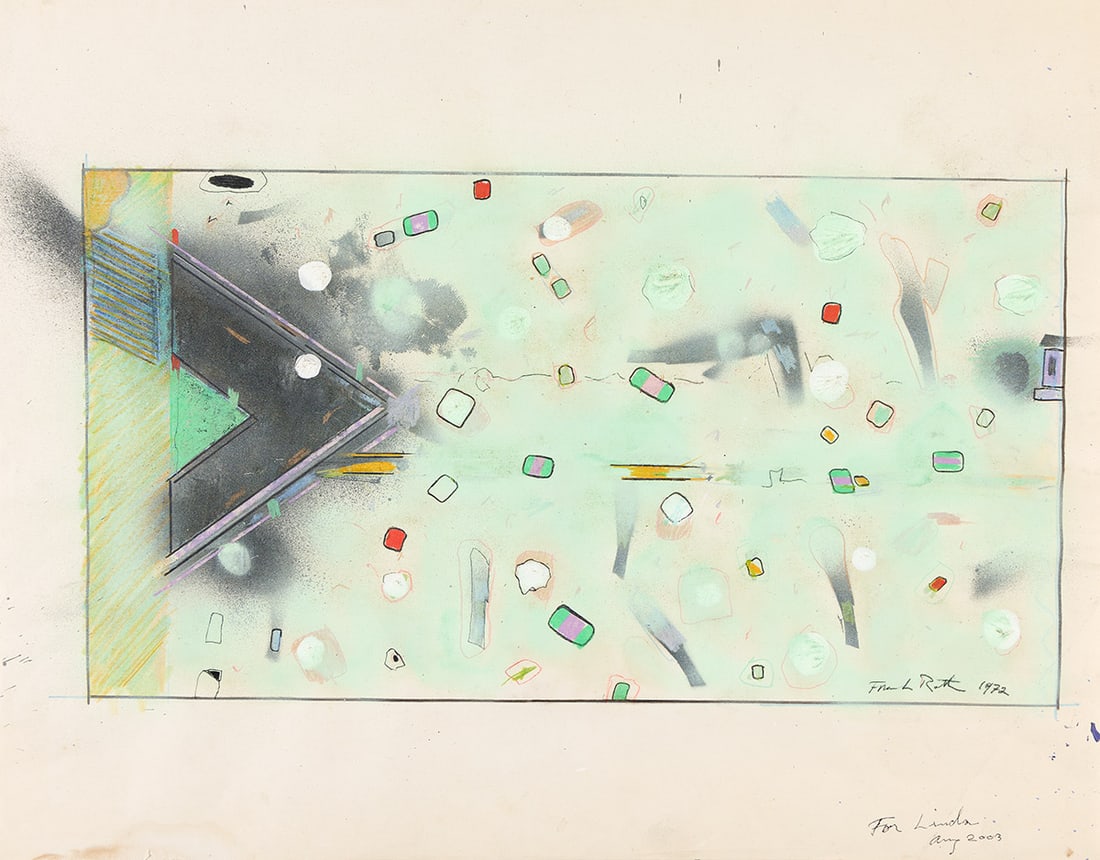 FRANK ROTH (1936 - 2019, AMERICAN) Untitled.: FRANK ROTH (1936 - 2019, AMERICAN) Untitled. Mixed media on paper, 1972. Signed, Frank Roth, and dated, 1972, lower right. Inscribed, For Linda / Aug 2003, lower right margin. 285x527 mm; 11¼x2