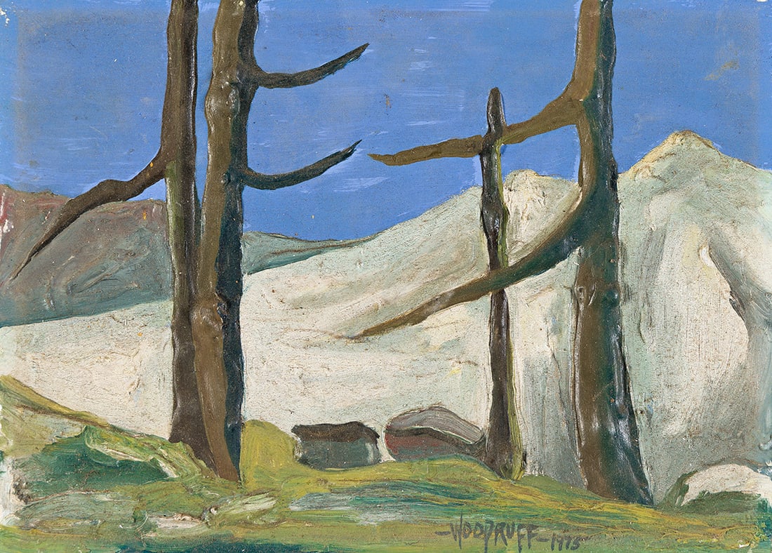 HALE WOODRUFF (1900 - 1980, AMERICAN) Untitled.: HALE WOODRUFF (1900 - 1980, AMERICAN) Untitled. Acrylic on masonite, 1975. Signed, Woodruff, and dated, 1975, lower right. Inscribed, For Cecile - Christmas 1975 / all my love and understanding throug