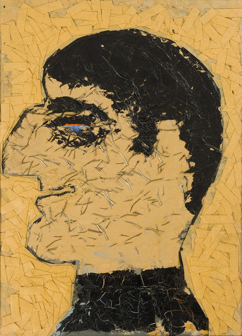 SEWELL SILLMAN (1924 - 1992, AMERICAN) Self Portrait.: SEWELL SILLMAN (1924 - 1992, AMERICAN) Self Portrait. Oil and mixed media collage on masonite. Stamped, Estate of Sewell Sillman, on verso. 545x406 mm; 21½x16 inches. Provenance: Estate of the