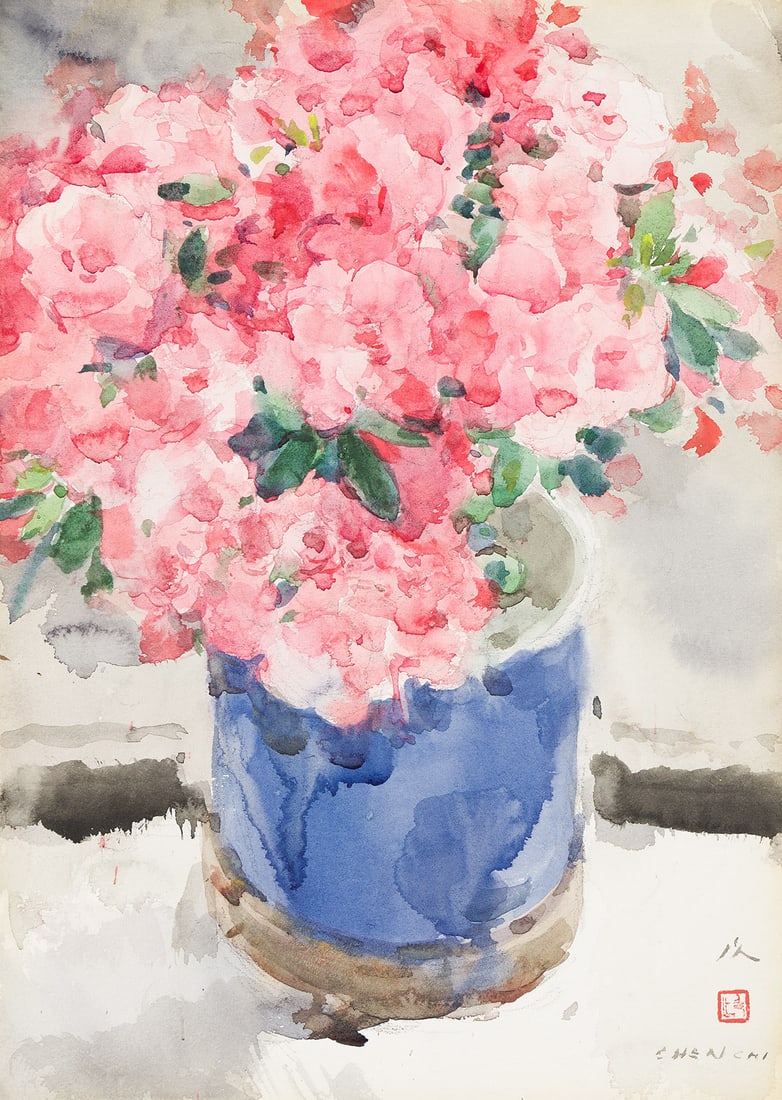 CHI CHEN (1912 - 2005, CHINESE/AMERICAN) Blue Vase.: CHI CHEN (1912 - 2005, CHINESE/AMERICAN) Blue Vase. Watercolor on paper. Signed, Chen Chi, with artist's chop mark and signed in Chinese, lower right. 394x280 mm; 15½x11 inches.