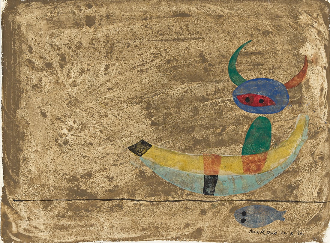 PAUL RAND (1914 - 1996, AMERICAN) Untitled, (Figure in Boat).: PAUL RAND (1914 - 1996, AMERICAN) Untitled, (Figure in Boat). Gouache on paper, 1952. Signed, Paul Rand, and dated, 12 8 52, lower right. 305x407 mm; 12x16 inches. Provenance: The artist; Private coll