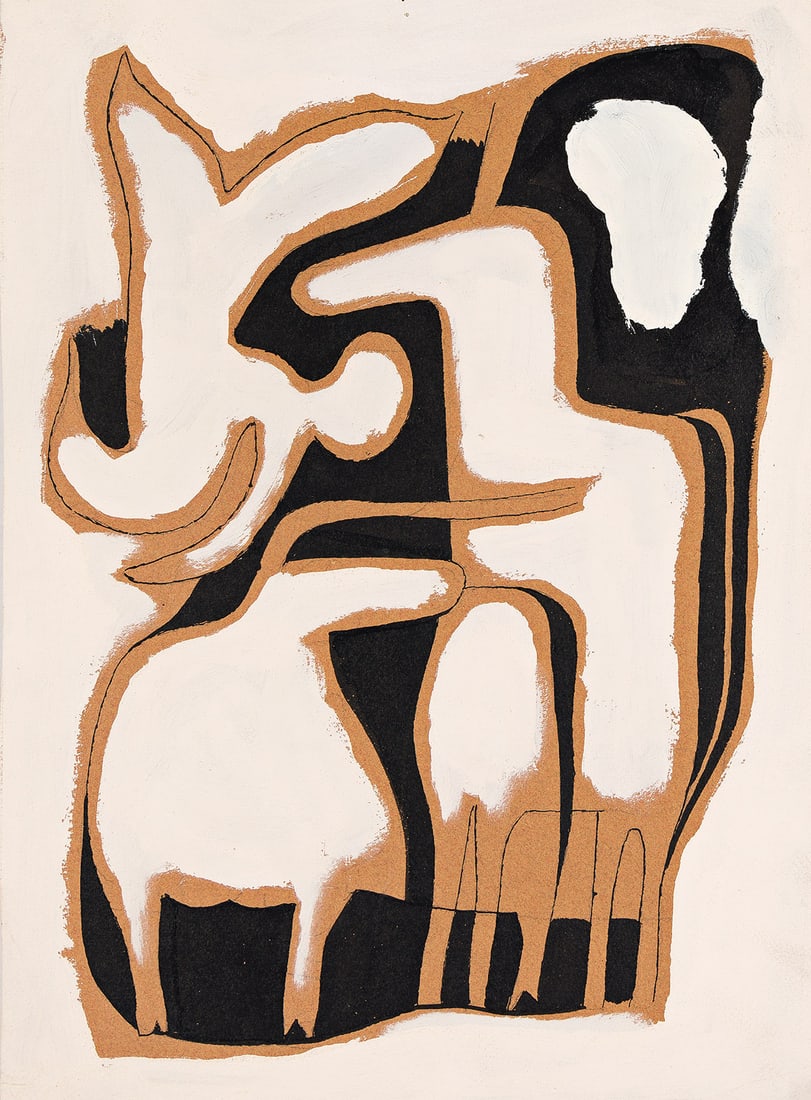PAUL RAND (1914 - 1996, AMERICAN) Untitled.: PAUL RAND (1914 - 1996, AMERICAN) Untitled. Gouache and ink on brown paper. Stamped, Exlibris Paul Rand / Gift of the Artist, on verso. 387x280 mm; 15¼x11 inches. Provenance: The artist; Privat