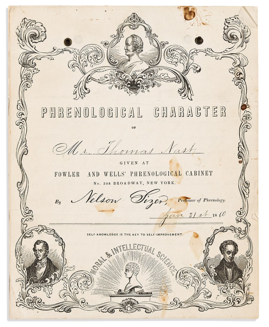 (ART.) Manuscript report on "Phrenological Character of Mr. Thomas Nast.": (ART.) Manuscript report on "Phrenological Character of Mr. Thomas Nast." Partly printed cover sheet and [15] manuscript pages, 9¾ x 7¾ inches, top-bound with 4 rivets; moderate staining