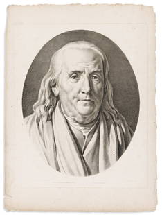 (BENJAMIN FRANKLIN.) Pierre-Michel Alix, engraver. Untitled portrait after Barbier's drawing of: (BENJAMIN FRANKLIN.) Pierre-Michel Alix, engraver. Untitled portrait after Barbier's drawing of Houdon's bust. Crayon manner engraving, 26¾ x 19½ inches; minimal foxing, minor wear and d