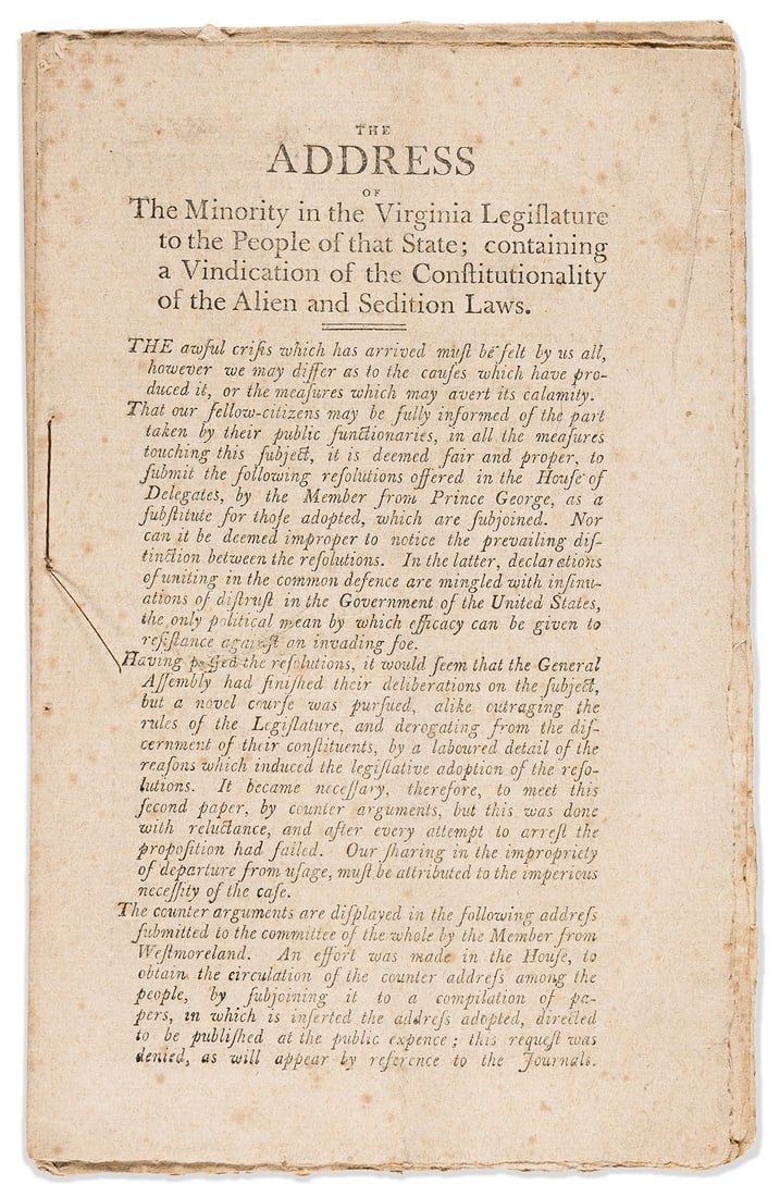 (LAW.) [Henry Lee or John Marshall.] The Address of the Minority in the Virginia Legislature to the: (LAW.) [Henry Lee or John Marshall.] The Address of the Minority in the Virginia Legislature to the People of that State; Containing a Vindication of the Constitutionality of the Alien and Sedition La