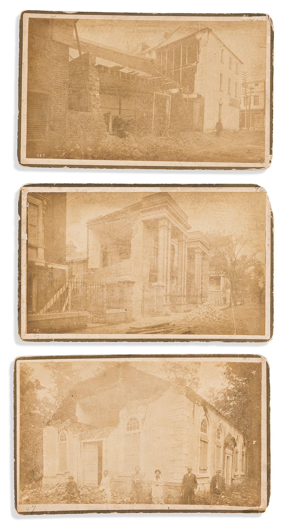 (SOUTH CAROLINA.) Group of promenade cards of the Charleston Earthquake of 1886.: (SOUTH CAROLINA.) Group of promenade cards of the Charleston Earthquake of 1886. 11 albumen photographs, each 4¾ x 8 inches on gilt-edged plain mounts; foxing and moderate wear. Charleston, SC,