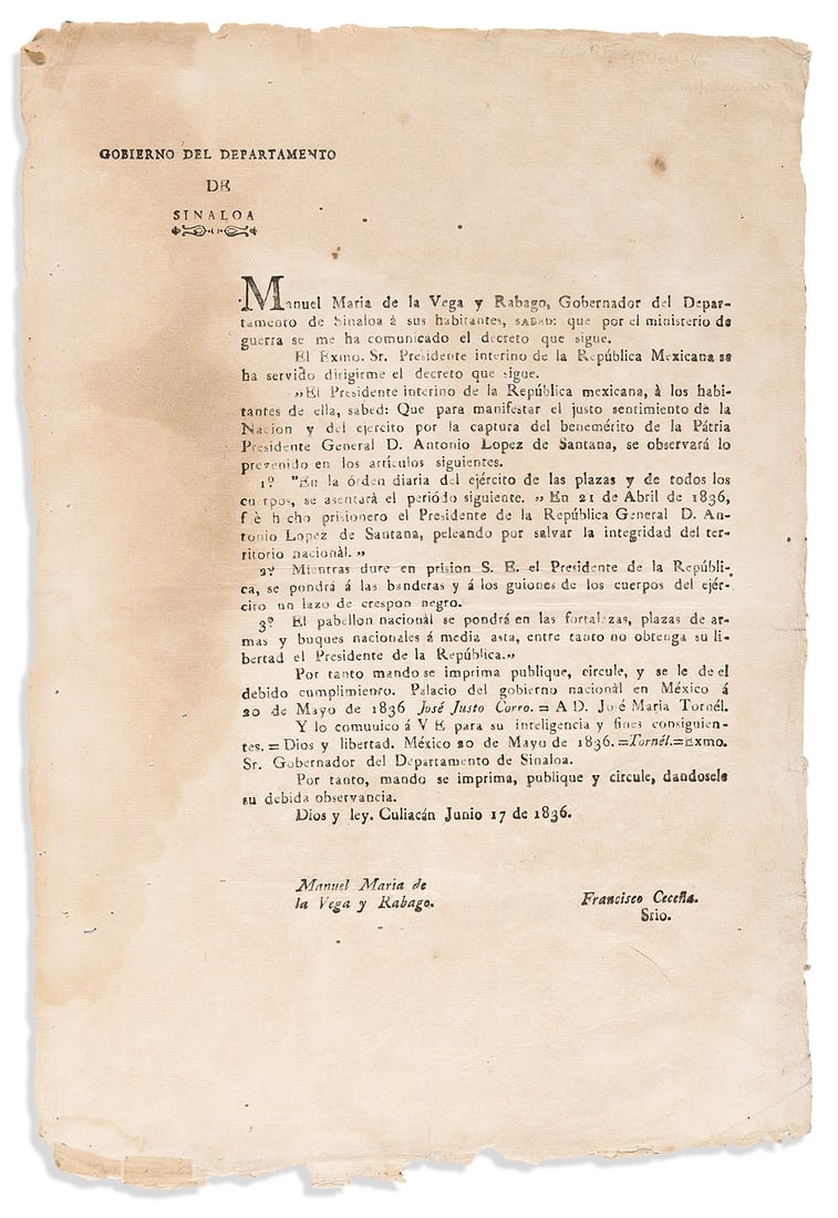 (WEST--TEXAS.) José Justo Corro. Broadside ordering a national state of mourning in Mexico after (1 of 1)