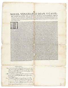 (MEXICAN IMPRINT--PUEBLA.) Nos el venerable dean, y cavildo sede vacante de la Santa Iglesia: (MEXICAN IMPRINT--PUEBLA.) Nos el venerable dean, y cavildo sede vacante de la Santa Iglesia Cathedral desta ciudad de Los Angeles. Letterpress broadside, 22¾ x 17¼ inches; worn with lon