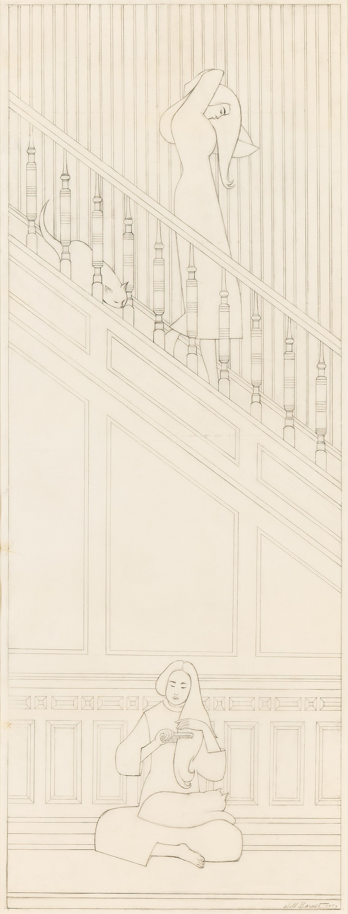 WILL BARNET (1911 - 2012) Study for "The White Stairway".: WILL BARNET (1911 - 2012) Study for "The White Stairway". Graphite on vellum, 1973. 1410x584 mm; 55½x23 inches. Signed and dated in pencil, lower right. Provenance Provincetown Art Association
