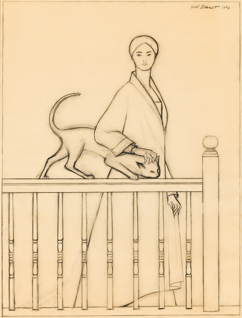 WILL BARNET (1911 - 2012) Study for "Woman, Cat and Banister.": WILL BARNET (1911 - 2012) Study for "Woman, Cat and Banister." Charcoal on vellum, 1982. 965x742 mm; 38x29¼ inches. Signed and dated upper right. Provenance Babcock Galleries, New York (label).