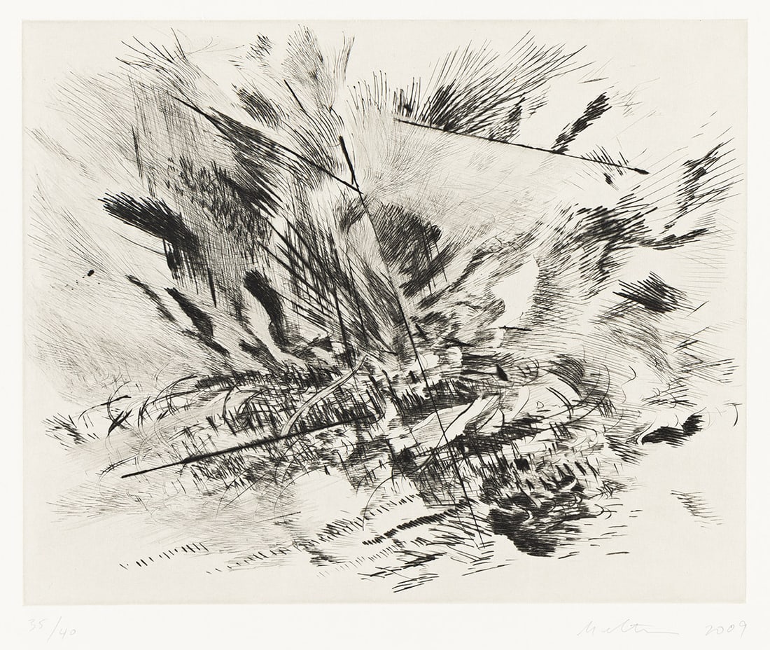JULIE MEHRETU (1970 - ) Untitled (Grey Area).: JULIE MEHRETU (1970 - ) Untitled (Grey Area). Drypoint on Chine collé, 2009. 201x250 mm; 8x9? inches, full margins. Signed, dated and numbered 35/40 in pencil, lower margin. Printed and published by