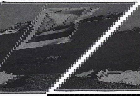 LATOYA RUBY FRAZIER (1982 - ) Holding flag laying at the edge of Pier 54 and the Hudson River.: LATOYA RUBY FRAZIER (1982 - ) Holding flag laying at the edge of Pier 54 and the Hudson River. U.V. digital print on denim, 2014. 420x620 mm; 16½x24? inches (denim panel), full margins. With a