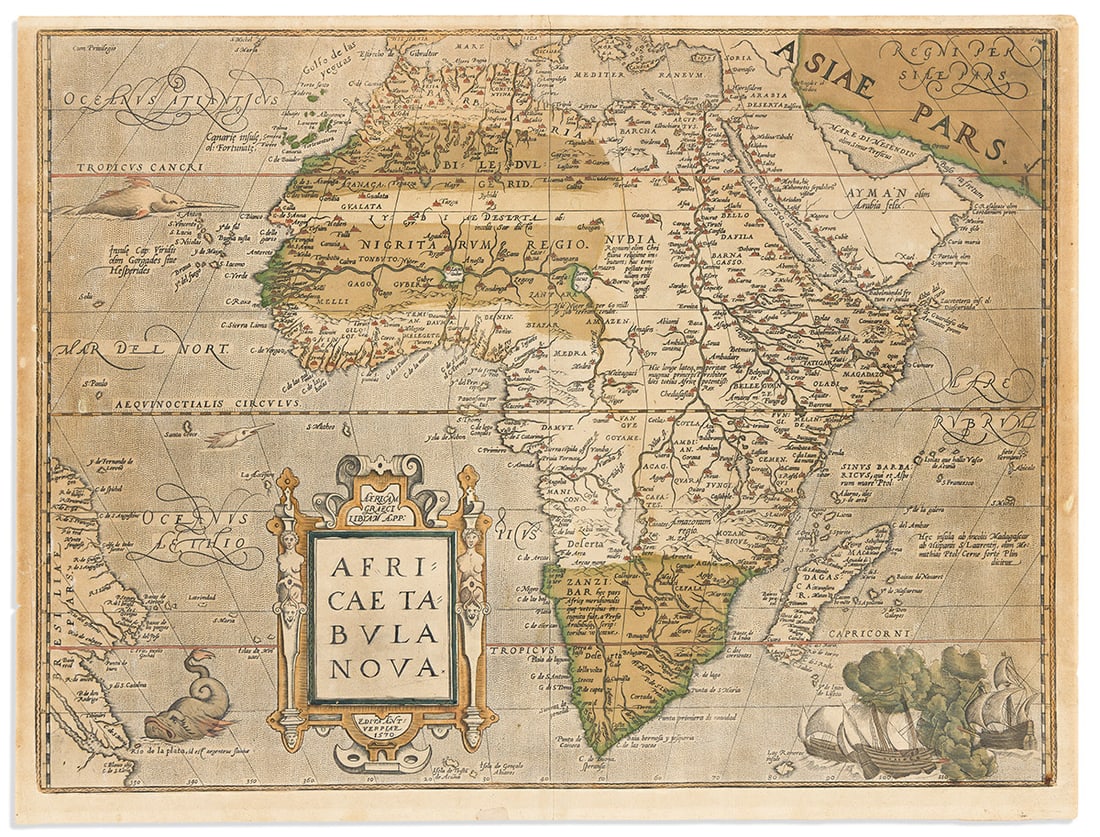 (AFRICA.) Abraham Ortelius. Africae Tabula Nova.: (AFRICA.) Abraham Ortelius. Africae Tabula Nova. Double-page engraved map of the African continent with parts of Asia and South America. 15½x20½ inches sheet size, ample margins, blank verso