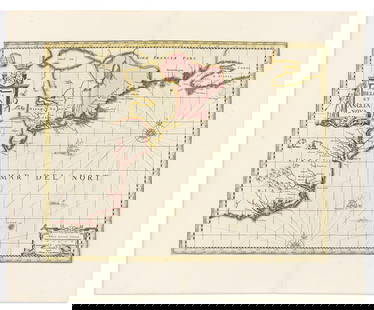 (AMERICAN EAST COAST.) Pieter Schenk; and Gerard Valk. Nova Belgica et Anglia Nova.: (AMERICAN EAST COAST.) Pieter Schenk; and Gerard Valk. Nova Belgica et Anglia Nova. Double-page engraved map of North America from the Outer Banks to Nova Scotia ornamented with native figures and reg