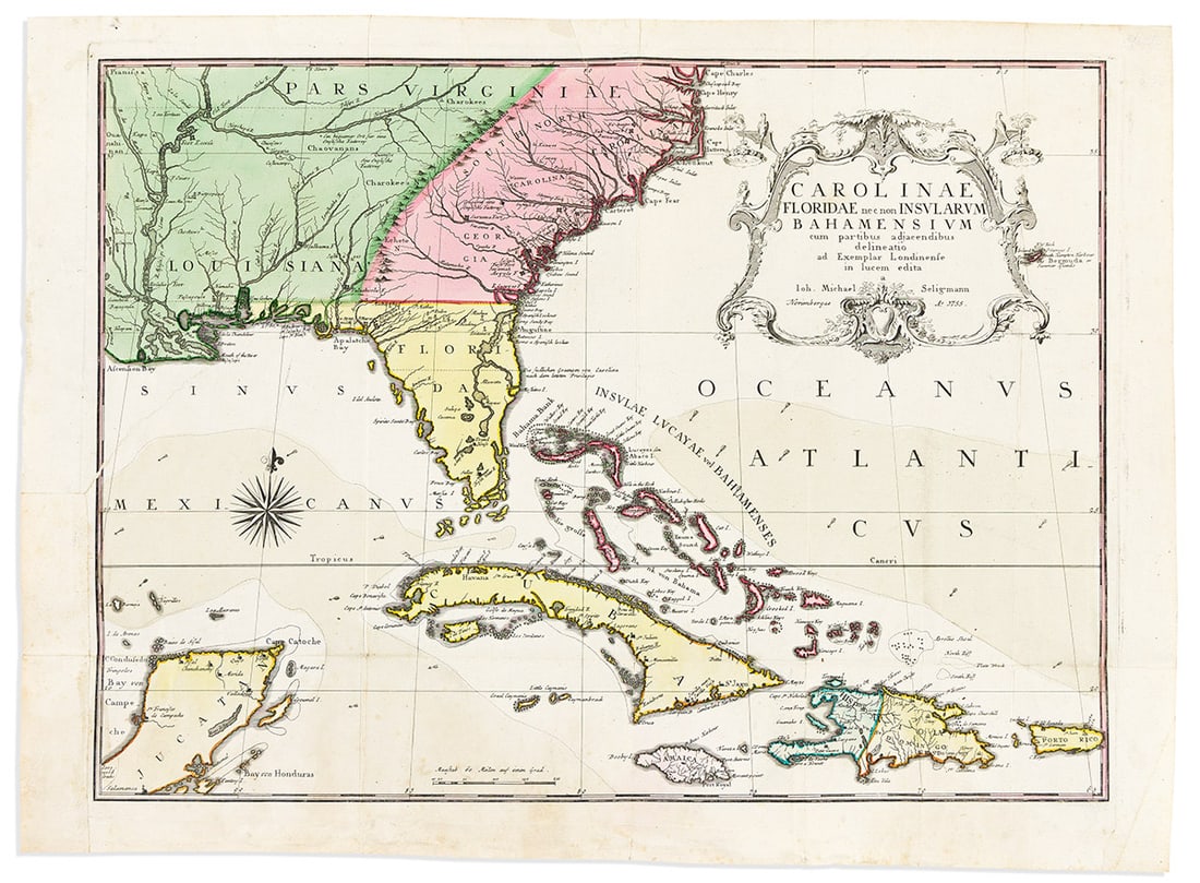(AMERICAN SOUTHEAST.) Mark Catesby; and Johann Michael Seligmann. Carolinae Floridae nec non: (AMERICAN SOUTHEAST.) Mark Catesby; and Johann Michael Seligmann. Carolinae Floridae nec non Insularum Bahamensium. Engraved folding map of Southeastern North America, Bahamas, Cuba, Jamaica, Hispani