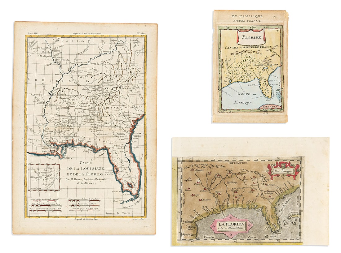 (FLORIDA.) Group of 3 early engraved maps.: (FLORIDA.) Group of 3 early engraved maps. Vp, vd Abraham Ortelius. La Florida (portion only, clipped from the full 3-panel map). 7½x10¾ inches sheet size; original hand-color; Spanish text