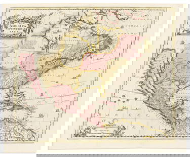 (NORTH AMERICA.) Pieter Schenk; and Gerard Valk. America Septentrionalis.: (NORTH AMERICA.) Pieter Schenk; and Gerard Valk. America Septentrionalis. Double-page engraved map of North America with California as a large island and attractive carto-ornamentation. 19¾x24