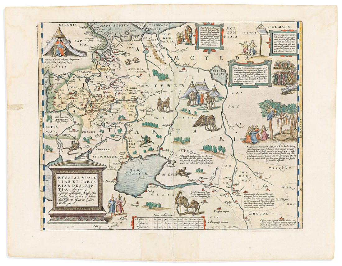 (RUSSIA.) Abraham Ortelius. Russiae, Moscoviae et Tartariae Descriptio.: (RUSSIA.) Abraham Ortelius. Russiae, Moscoviae et Tartariae Descriptio. Hand-colored double-page engraved decorative map of eastern Europe and Russia. 17¼x21¾ inches sheet size, wide margins