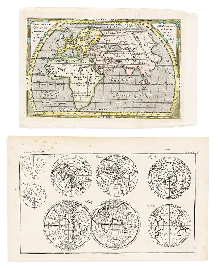 (WORLD.) Two early engraved world maps.: (WORLD.) Two early engraved world maps. Vp, vd Abraham Ortelius. Orbis Terrarum Hunc Typum Secundum Pomonii Melae. Hand-colored engraved map of the ancient world from a sixteenth-century edition of Po