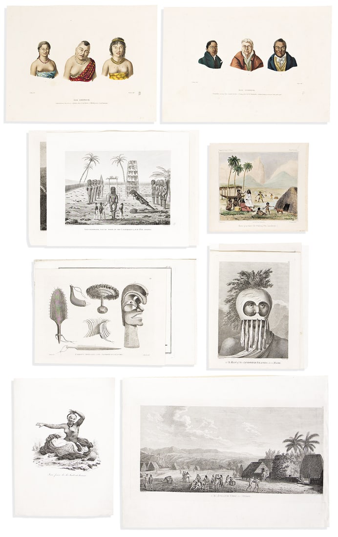 (HAWAII.) Group of 14 eighteenth-and-nineteenth-century engraved or lithographed ethnographic: (HAWAII.) Group of 14 eighteenth-and-nineteenth-century engraved or lithographed ethnographic plates. Vp, vd J. Masselot. Scene Prise dans l'Ile d'Oahou (Iles Sandwich). John Webber. A Man of the Sand