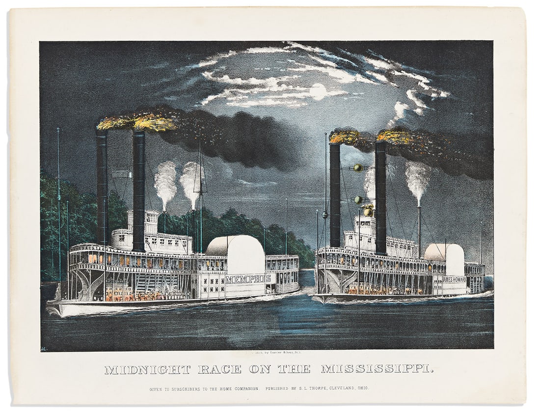 (MISSISSIPPI RIVERBOATS.) Currier & Ives. Midnight Race on the Mississippi.: (MISSISSIPPI RIVERBOATS.) Currier & Ives. Midnight Race on the Mississippi. Small folio hand-colored lithograph of the competing steamers "Memphis" and "James Howard" under full moonlight. 11½x15