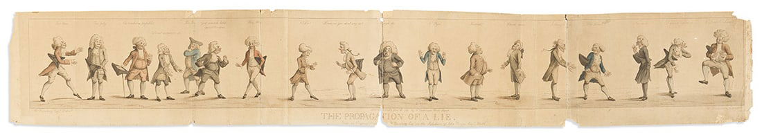 (SATIRE.) Henry Bunbury; and William Dickinson. The Propagation of a Lie.: (SATIRE.) Henry Bunbury; and William Dickinson. The Propagation of a Lie. Large hand-colored stipple engraving of 18 expressive fibbers captioned with their affected exclamations. 3 sheets joined, 11x