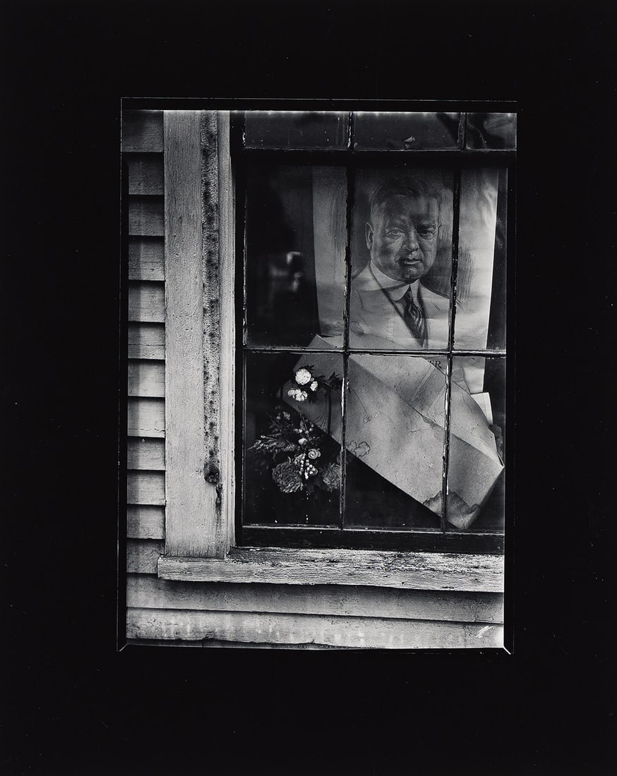 WALKER EVANS (1903-1975) Flowers and Poster of Herbert Hoover in House Window, Wellfleet, MA. 1931;: WALKER EVANS (1903-1975) Flowers and Poster of Herbert Hoover in House Window, Wellfleet, MA. 1931; printed circa 1970. Silver print, the image measuring 6⅞x4⅞ inches (17.5x12.4 cm.), the