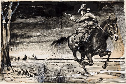 EVERETT RAYMOND KINSTLER (1926-2019) Shootout on horseback.