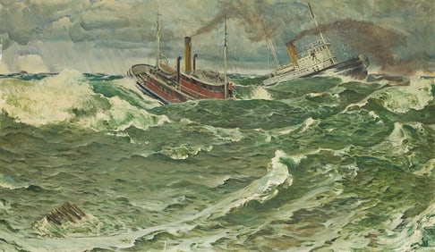HAROLD VON SCHMIDT (1893-1982) "The two tugs drew within hailing distance in the heavy tide rips off