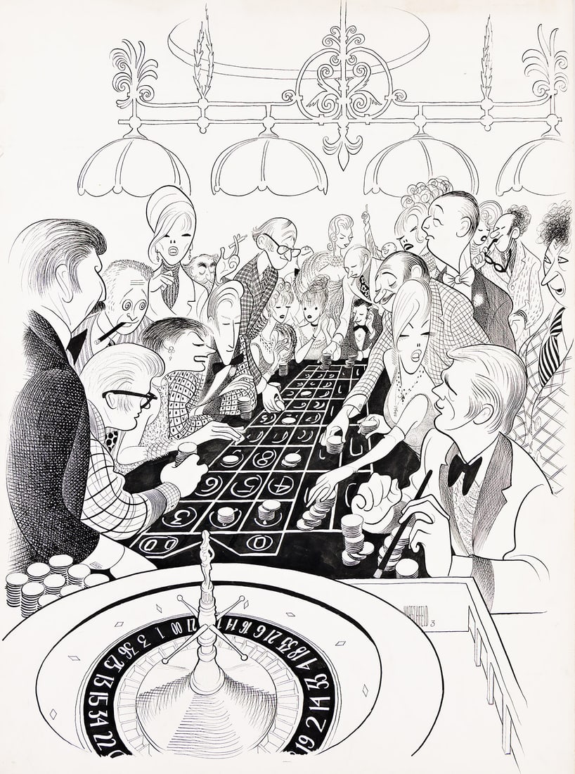 AL HIRSCHFELD (1903-2003) Roulette at the El San Juan Casino.: AL HIRSCHFELD (1903-2003) Roulette at the El San Juan Casino. Caricature promoting the El San Juan Hotel, circa 1970. Pen and ink on board. 762x557 mm; 30x22 inches. Signed in lower right image. Hirsc