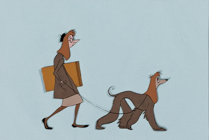 WALT DISNEY STUDIOS / 101 DALMATIONS Artist and Prissy the Afghan Hound Animation Cel 1961.
