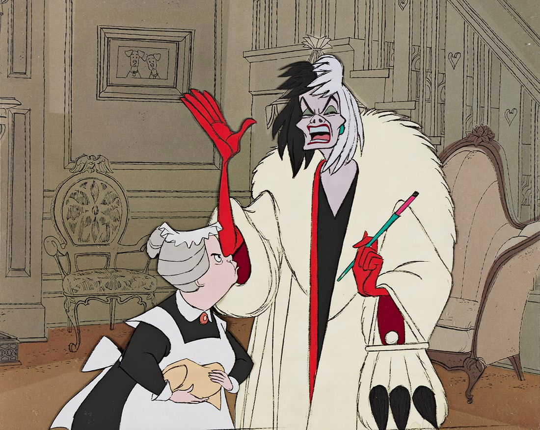 WALT DISNEY STUDIOS / 101 DALMATIONS Cruella DeVil and Nanny Animation Cel Setup 1961. (1 of 2)