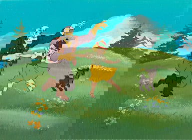 HANNA BARBERA / PAUL JULIAN Heidi, Grandfather, and Spritz the Goat Animation Cel and Background